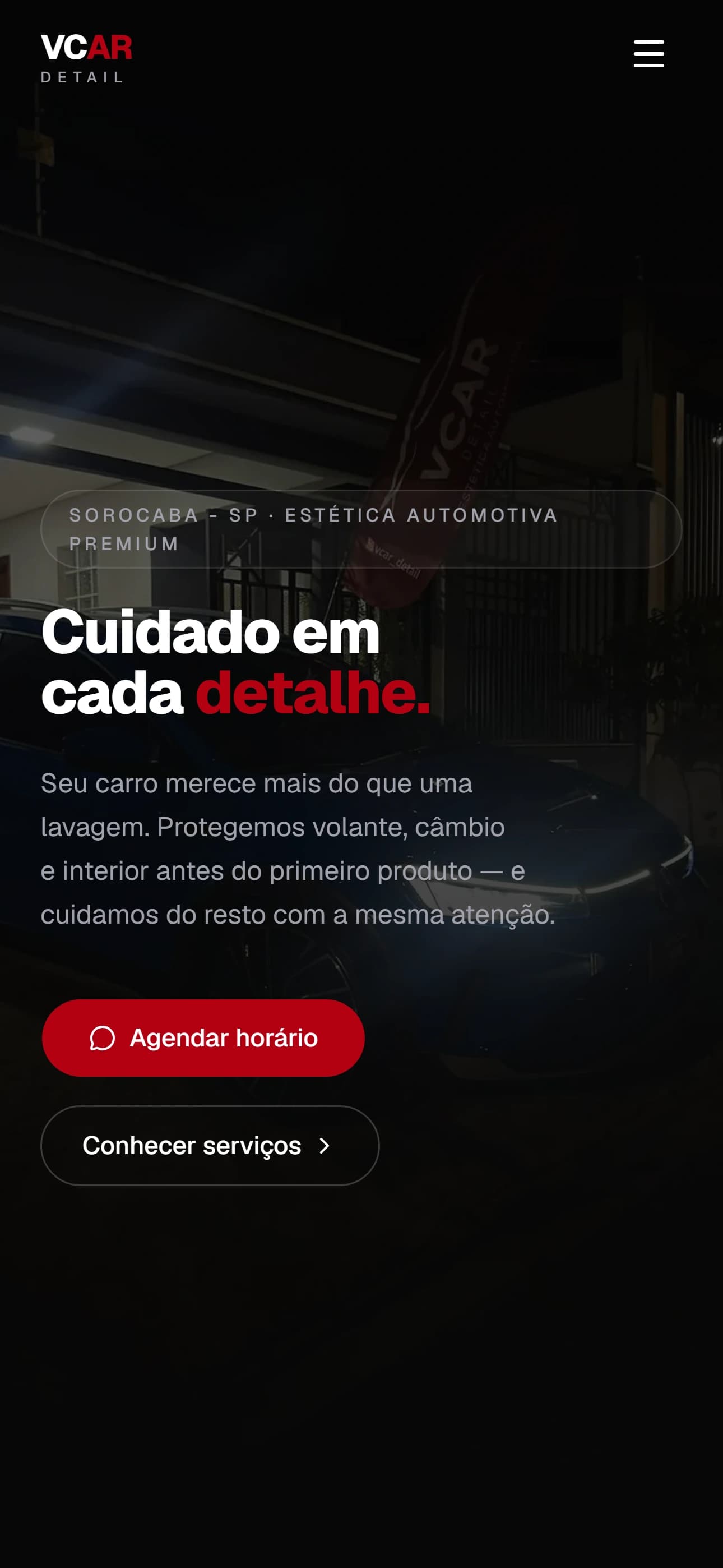 Home da VCAR Detail em versão mobile