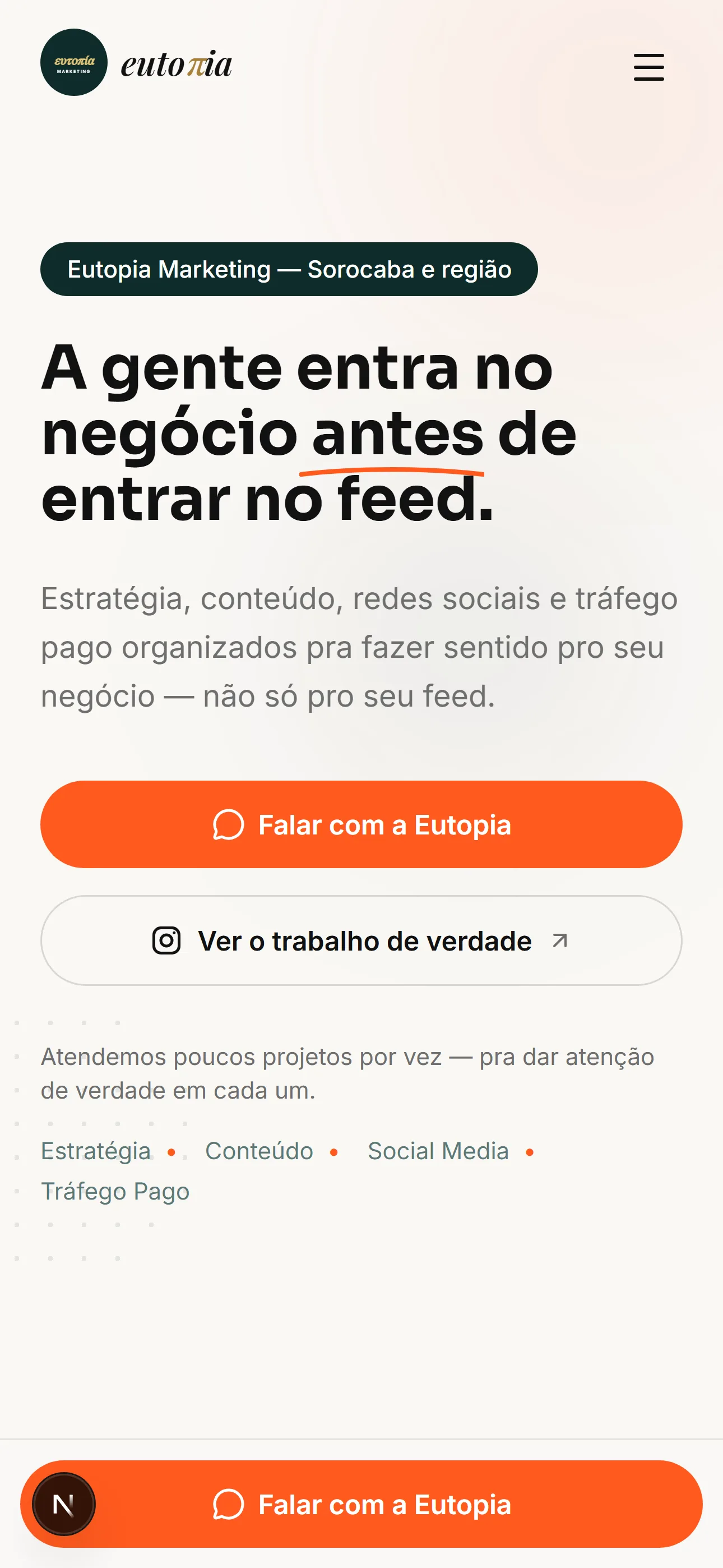 Home da Eutopia Marketing em versão mobile