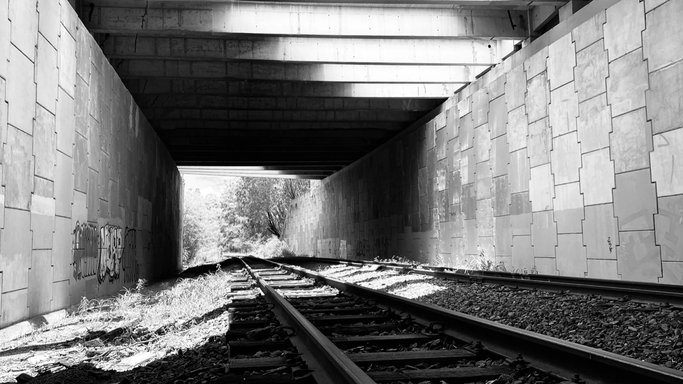 Dois pichadores de costas encarando muro sob viaduto