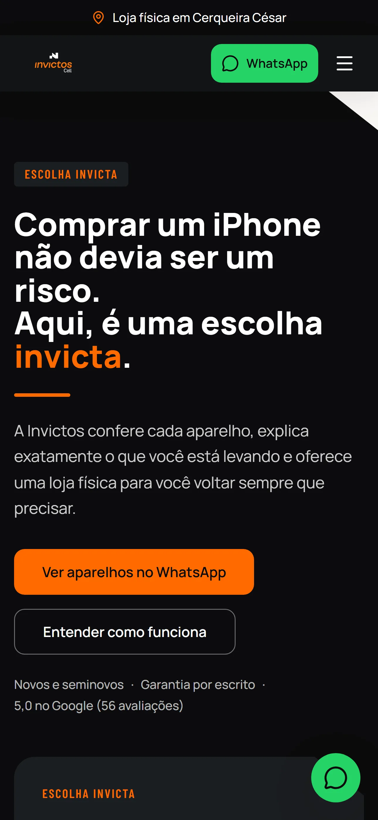 Home da Invictos Cell em versão mobile