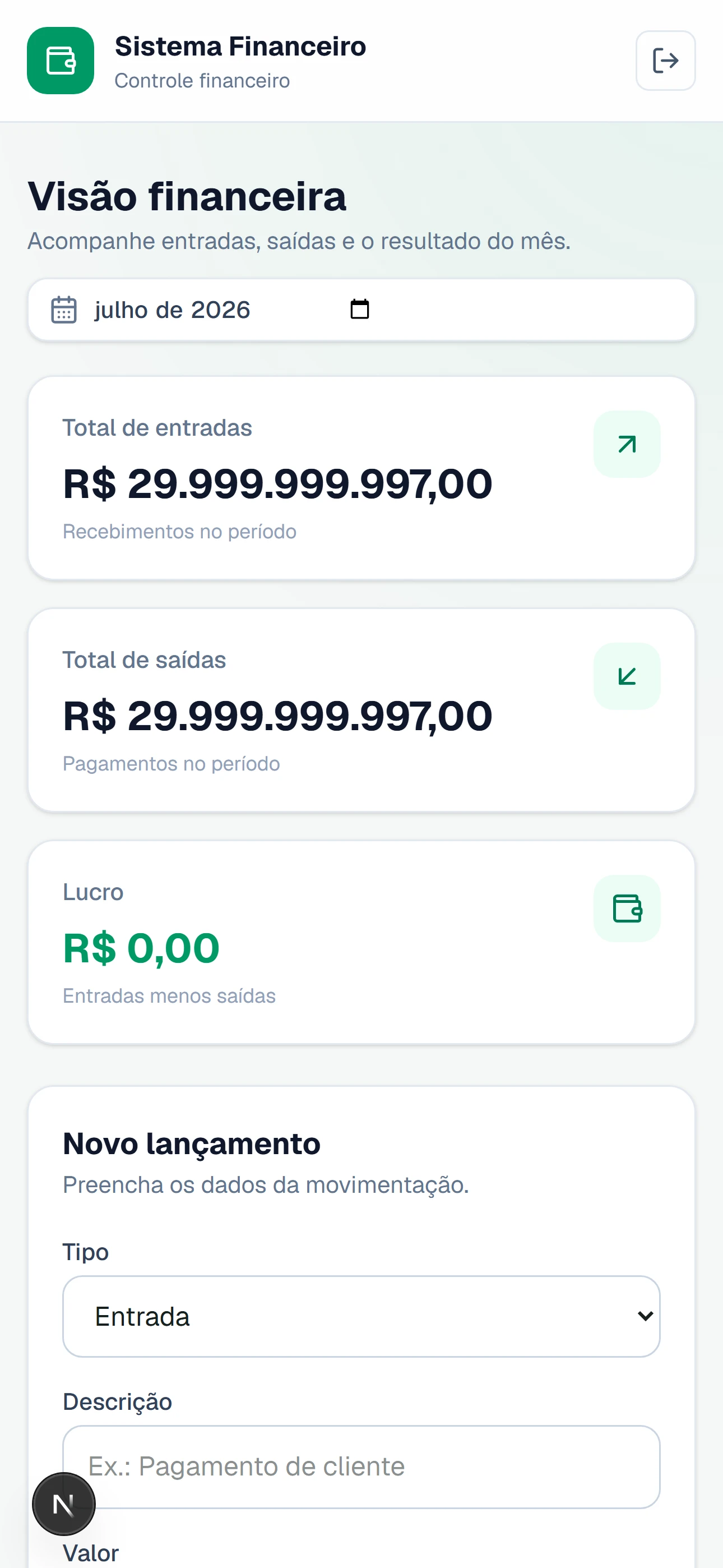 Dashboard do Sistema Financeiro em versão mobile