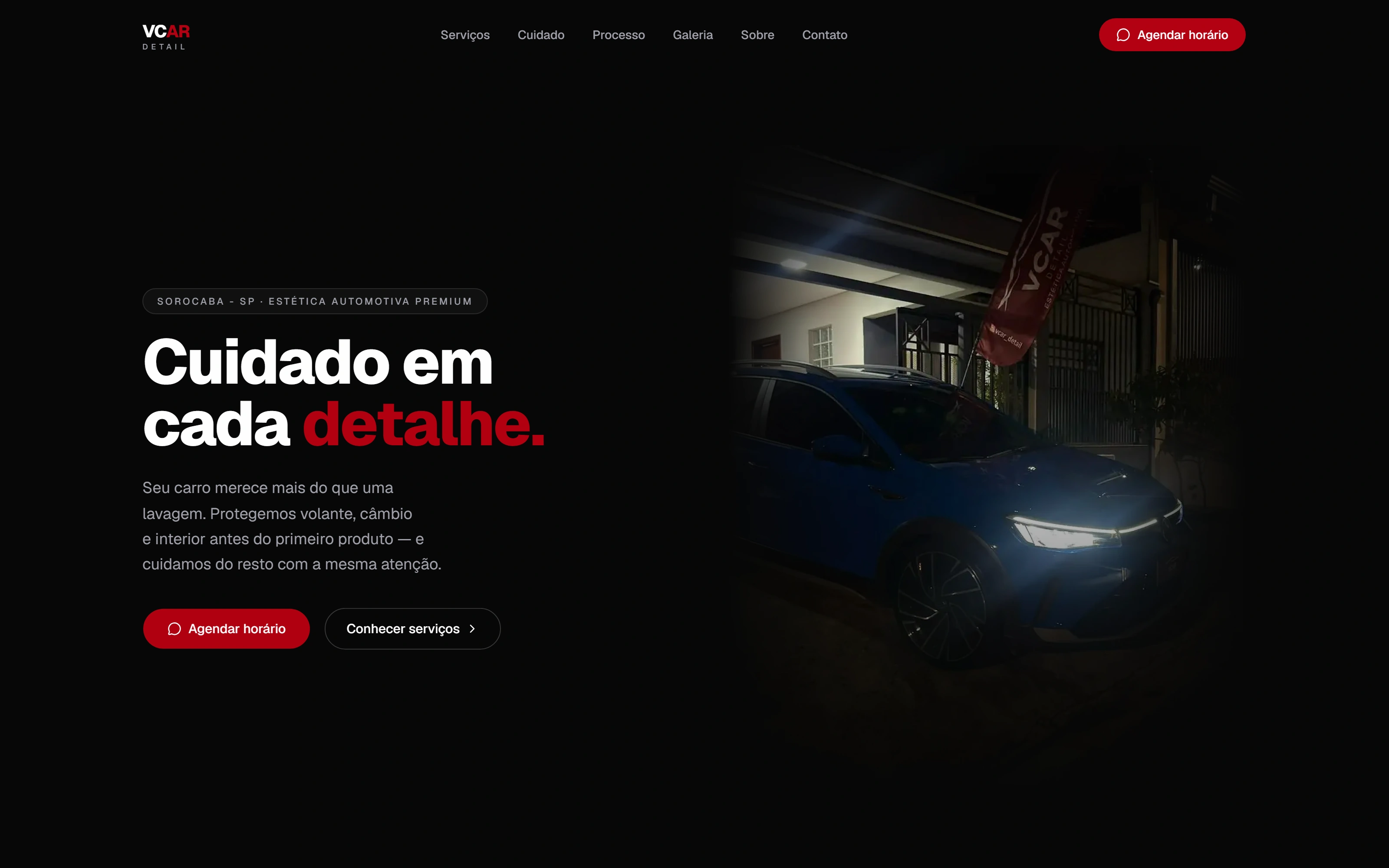 Home da VCAR Detail com o carro finalizado em primeiro plano