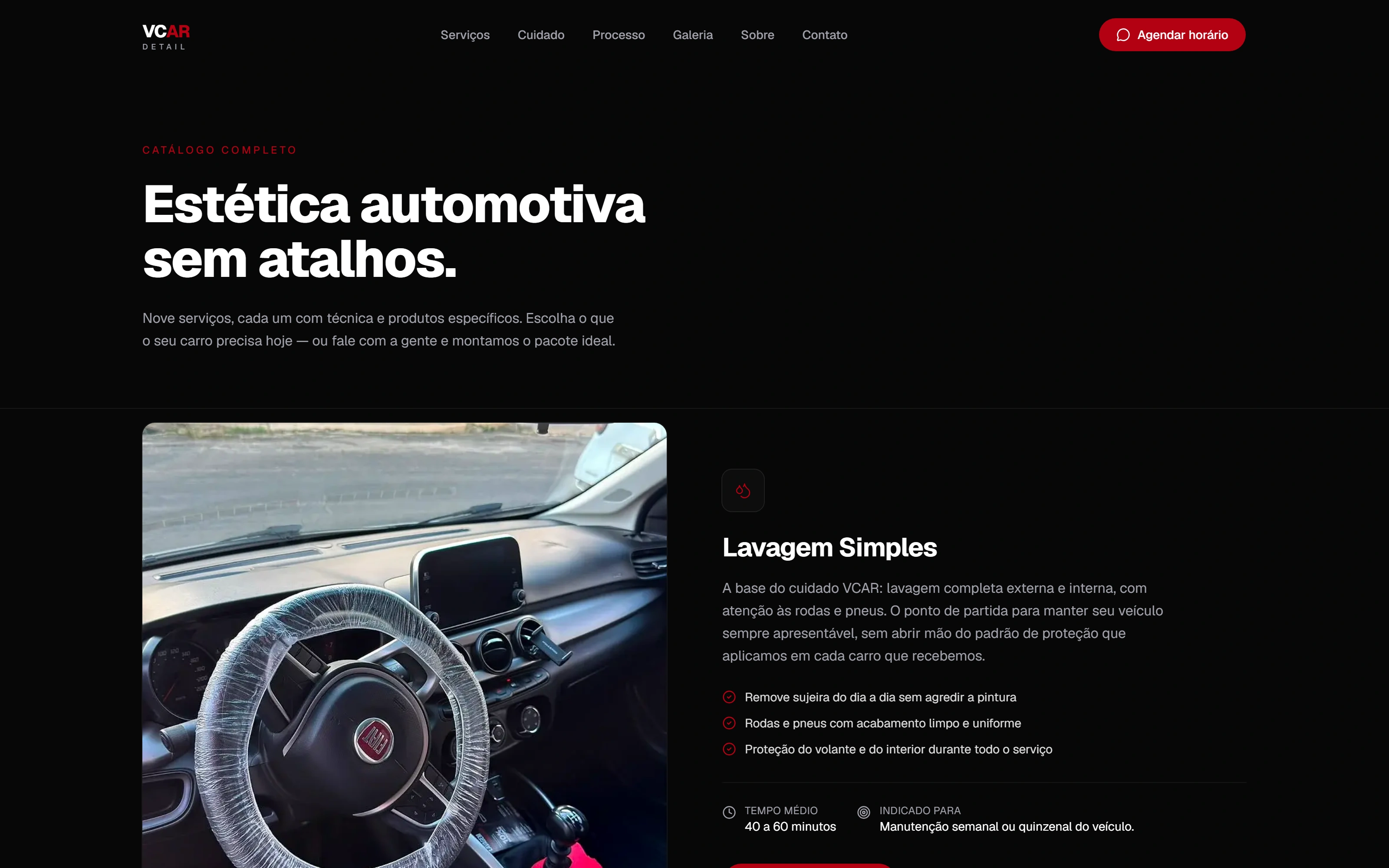 Página de catálogo de serviços da VCAR Detail