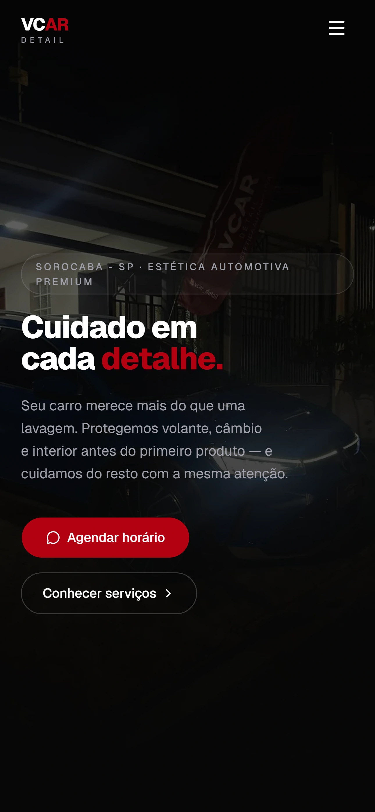 Home da VCAR Detail em versão mobile